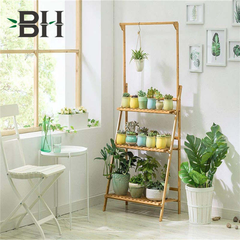 Bamboo 3 Tier Hanging Plant Stand Indoor Outdoor Ladder Plant Shelf