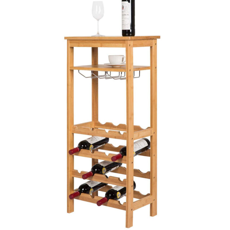 Natural Bamboo 16 Bottles 4-Tier Bamboo Standing Wine Rack with Glass Hanger&Shelf