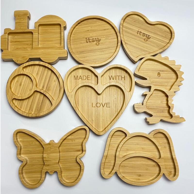 Bamboo Wooden Butterfly Baby Toddler Plate and Spoon Set with Silicone Suction Base