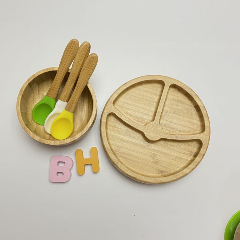 Bamboo Round Divided Plate With Silicone Suction