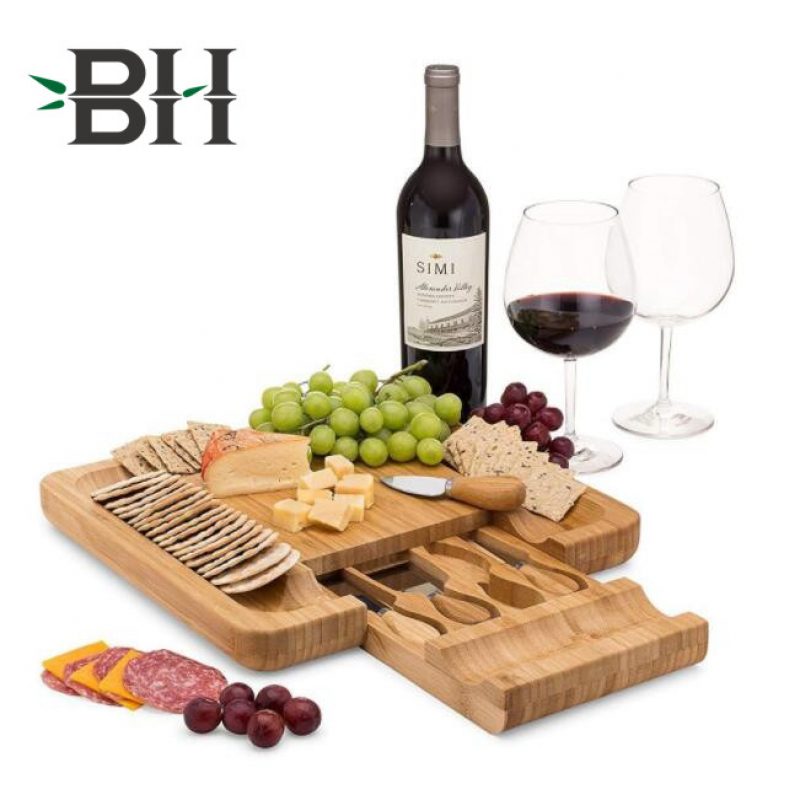 Square Bamboo Cheese Board Charcuterie Board Set With Cutlery