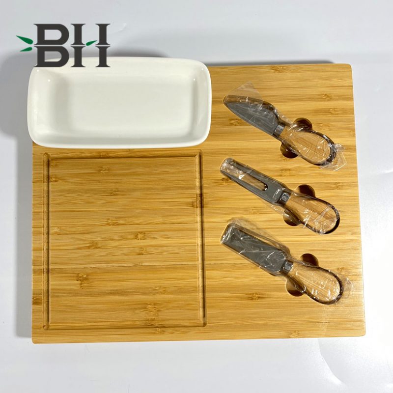 Bamboo Cheese Board/Charcuterie Platter with Knife Set and Ceramic Dish