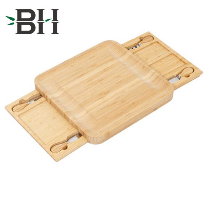 Bamboo Cheese Board & Cutlery Set with 3 Slide-Out Drawer and 2 Ceramic Dishes