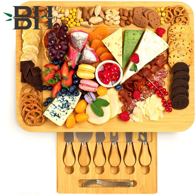 Large Charcuterie Board Set Unique Bamboo Cheese Board, Charcuterie Platter & Serving Tray