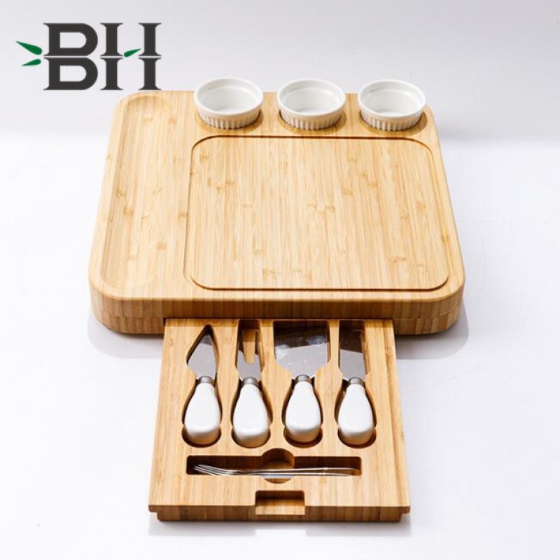 Bamboo Cheese Board with Cutlery in Slide-out Drawer and 3 Ceramic Bowls