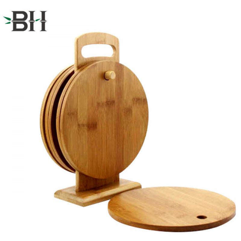 Set of 6 Round Bamboo Cutting Board with Stand