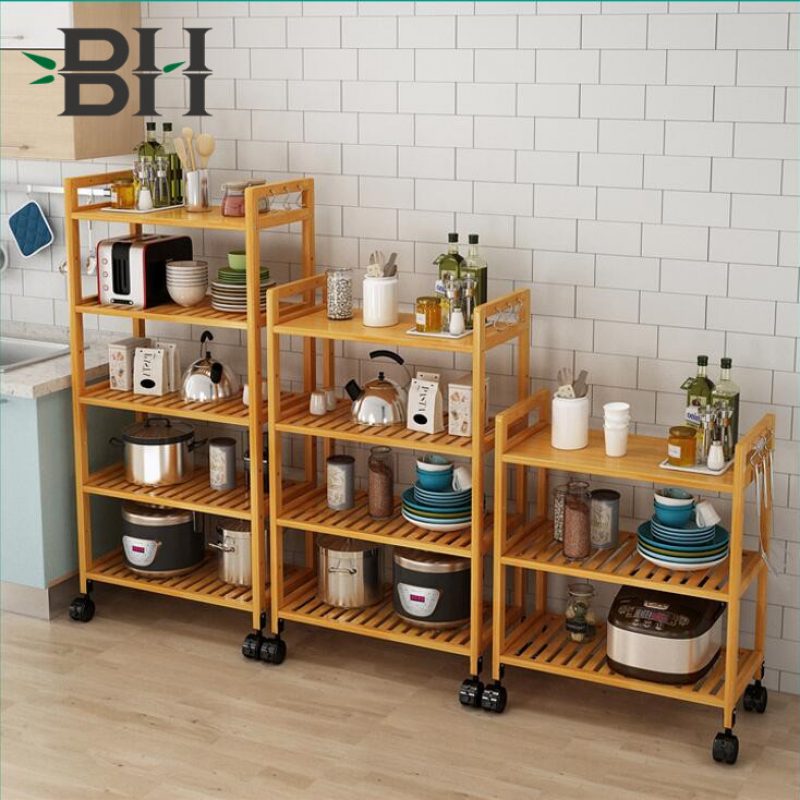 Bamboo 4-Tier Rolling Utility Cart Kitchen Cart Bathroom Trolley