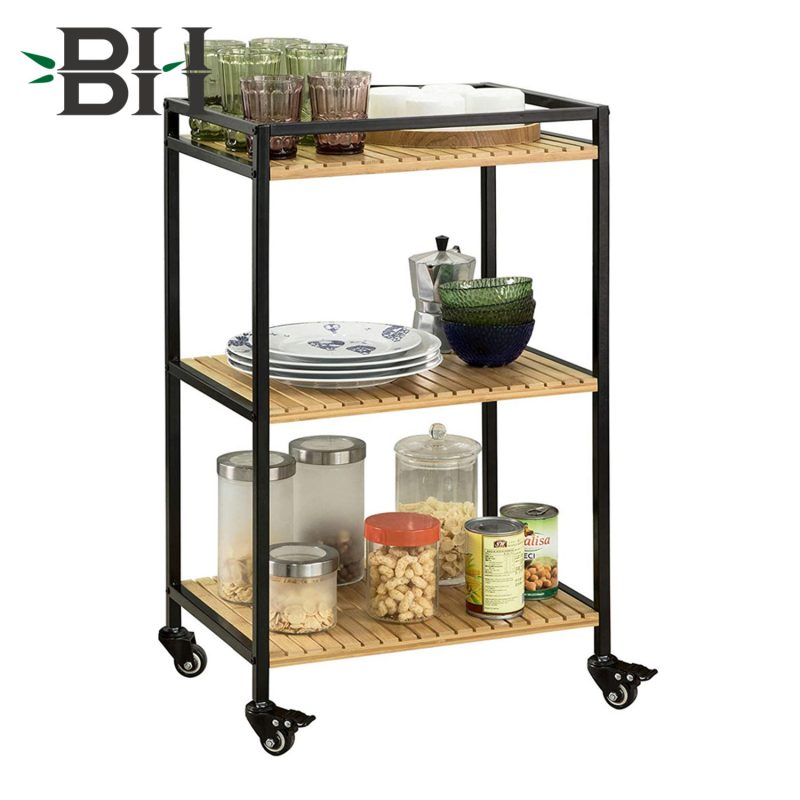 Bamboo Serving Trolley Kitchen Trolley with Metal Frame