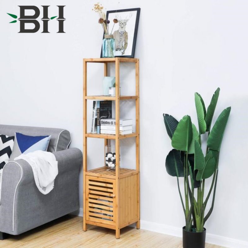 4-Tier Bamboo Shelf with Cabinet Storage