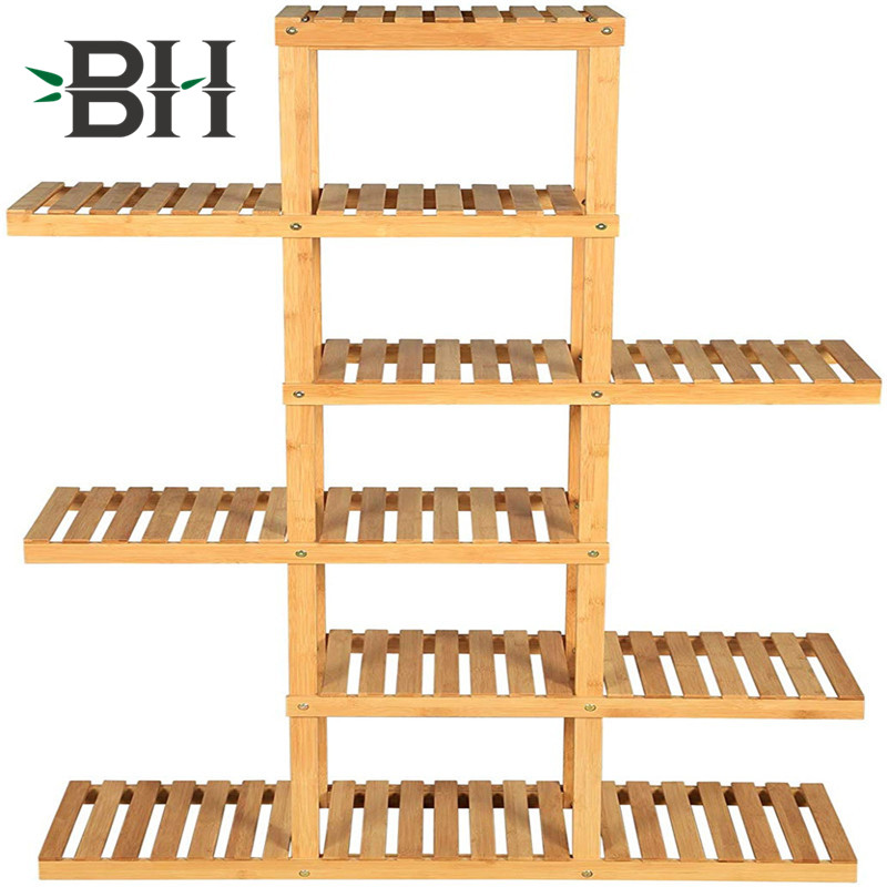 6-Tier Bamboo Wood Plant Shelf Balcony Plant Rack -Bamboo