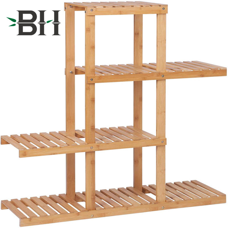 4-Tier Bamboo Wood Plant Shelf Balcony Plant Rack -Bamboo