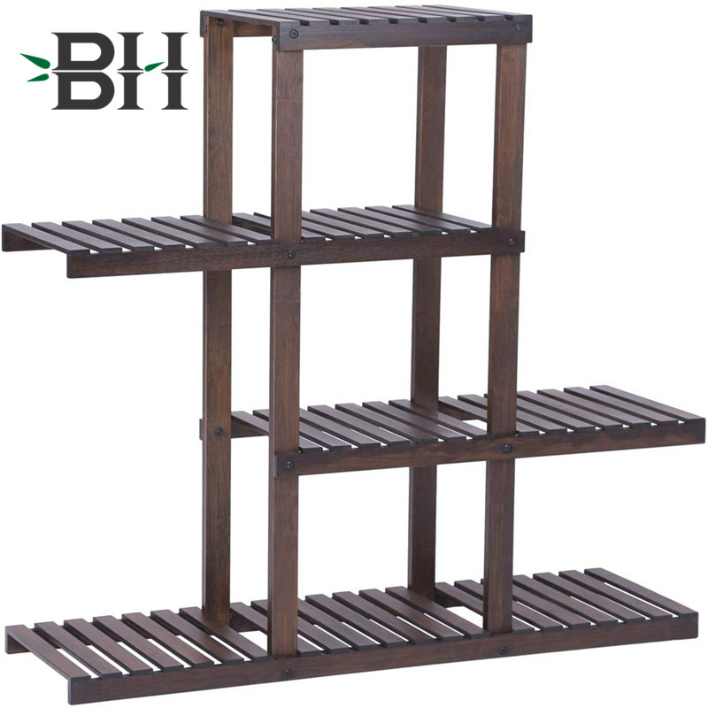 4-Tier Bamboo Wood Plant Shelf Balcony Plant Rack -Brown