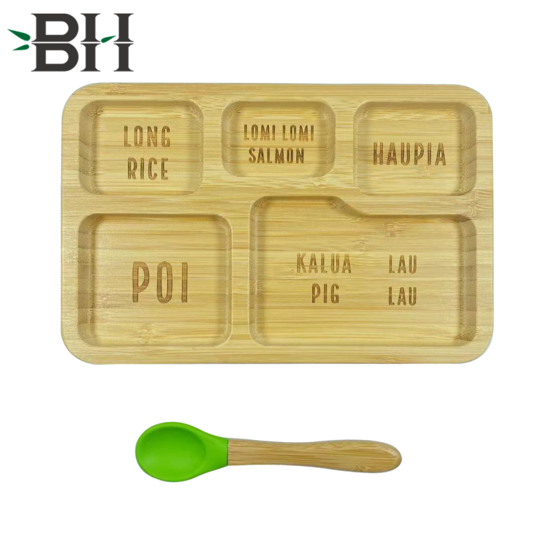 5 Partition Bamboo Silicone Suction Plate for Baby Toddler with Spoon Set