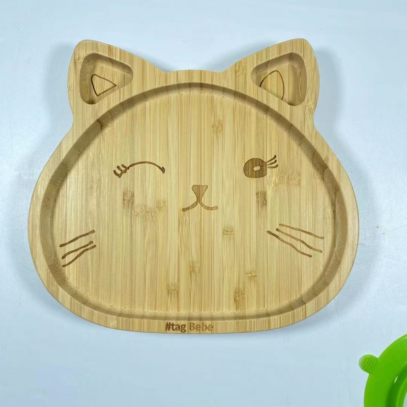 Bamboo Silicone Suction Plate for Baby Toddler with Spoon Set (Cat)