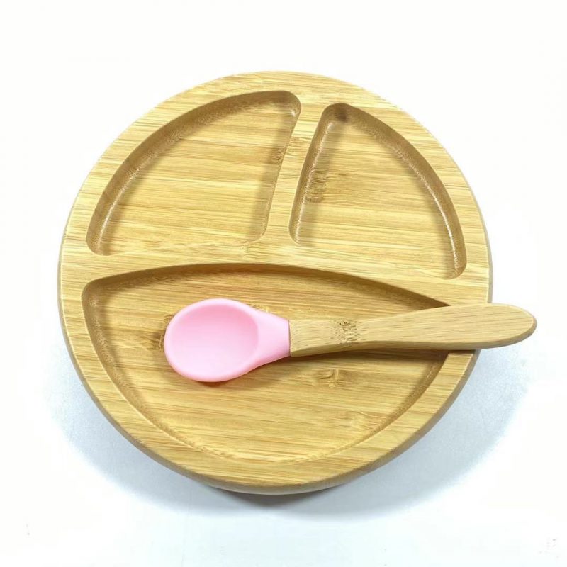 Classic 3 Partition Bamboo Silicone Suction Plate for Baby Toddler with Spoon Set