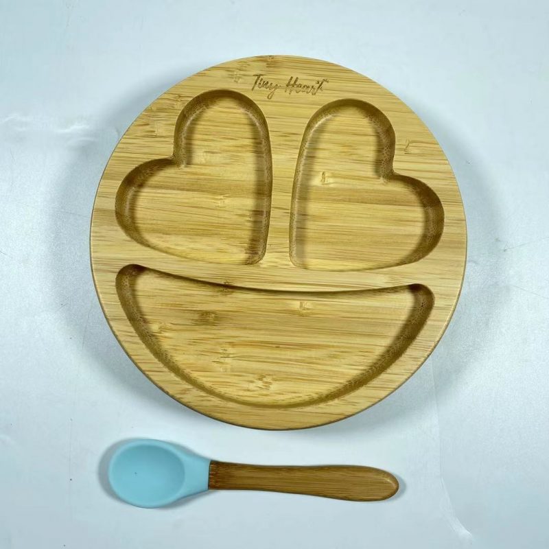 3 Partition Round Bamboo Silicone Suction Plate for Baby Toddler with Spoon Set (Heart)