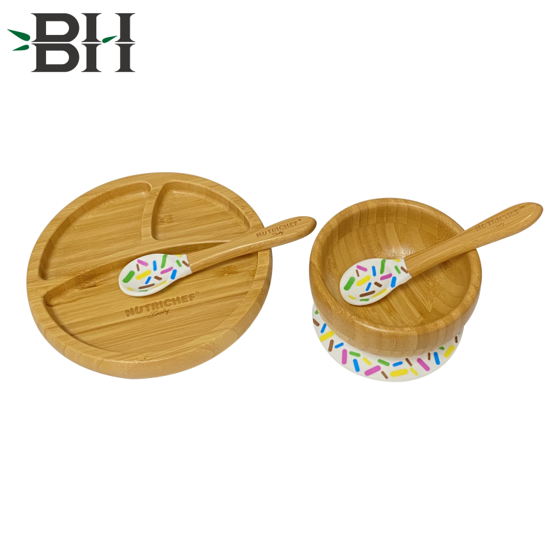 Bamboo Square Baby Plate + Baby Bowl + 2 Spoons Set with Removable Silicone Suction Bottoms