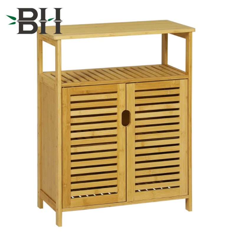 Bamboo Storage Cabinet with Doors and Open Shelves