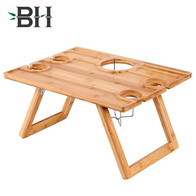 Foldable Bamboo Picnic Table Snack Table with Wine Bottle and Glass Holder