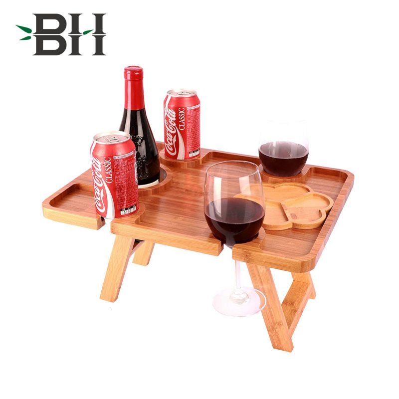 Foldable Bamboo Wine Picnic Table with Glass Holder and Snack Tray