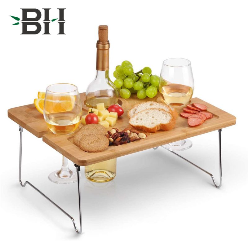 Foldable Portable Wine Picnic Table with Bottle and Glass Holder