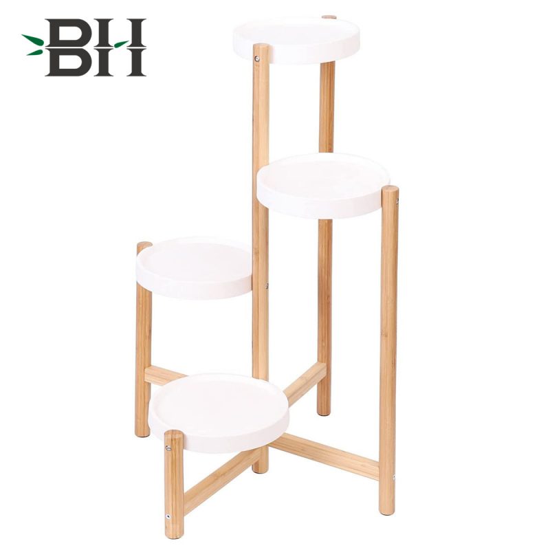 4 Tier Bamboo Corner Plant Display Rack with White Metal Pot Bottom