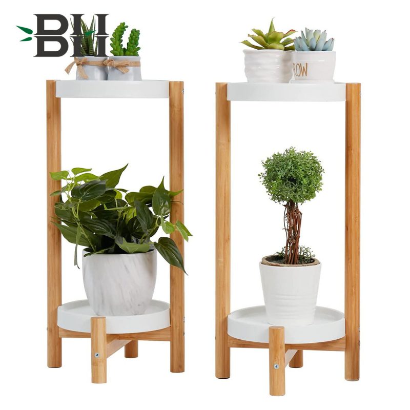 2 Tier Bamboo Corner Plant Display Rack with White Metal Pot Bottom