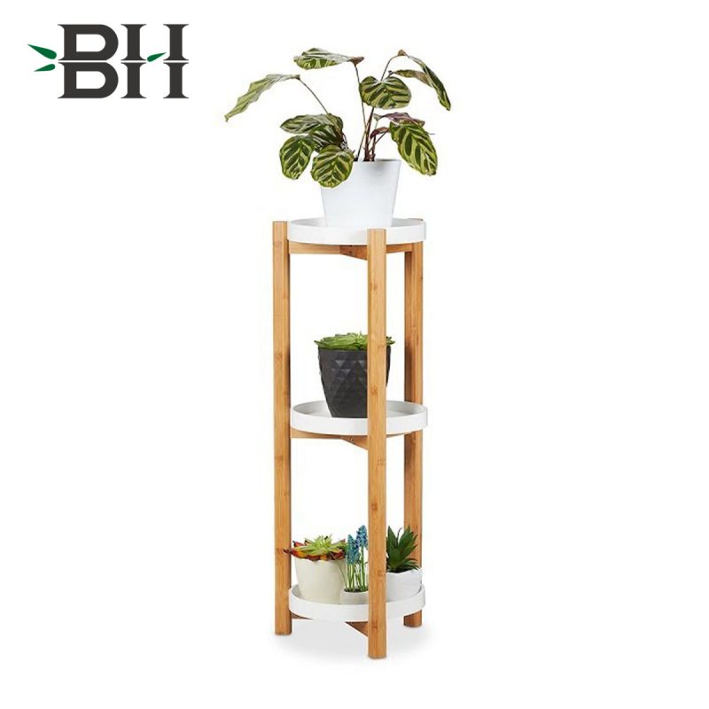 3 Tiered Bamboo Corner Plant Display Rack with White Metal Pot Bottom