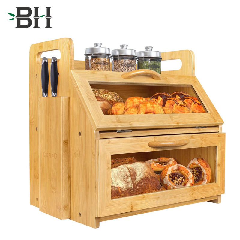 2 Layer Bread Boxes with Clear Window and Knife Holder