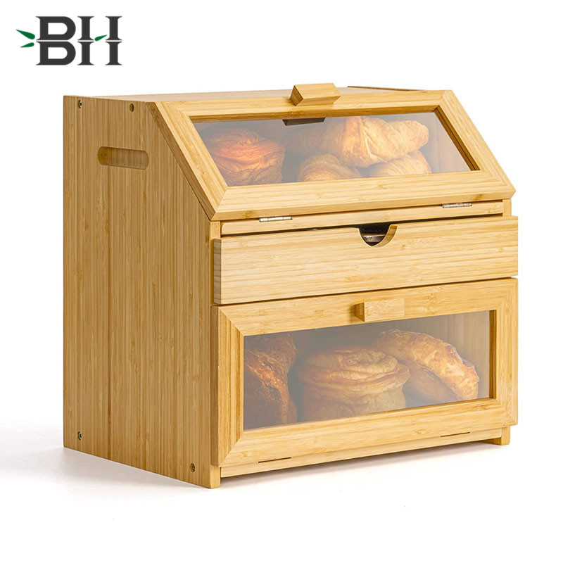 2 Layer Bread Boxes with Clear Window and Storage Drawer