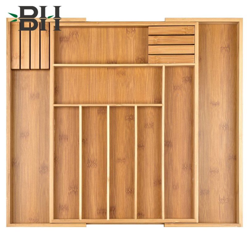 Bamboo Expandable Drawer Organizer with 2 Removable Knife Blocks