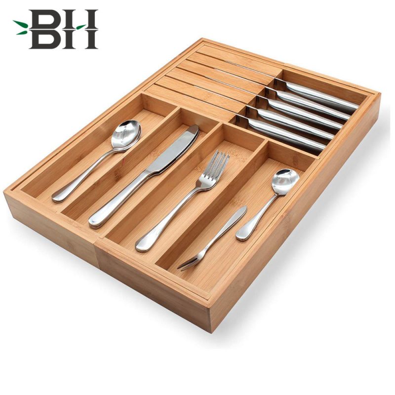 Bamboo Expandable Drawer Organizer with 2 Removable Knife Blocks