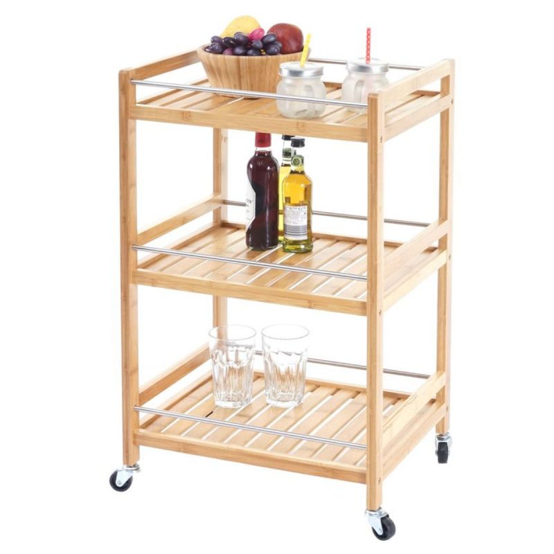 3 Tier Bamboo Rolling Kitchen Serving Cart with Metal Fence