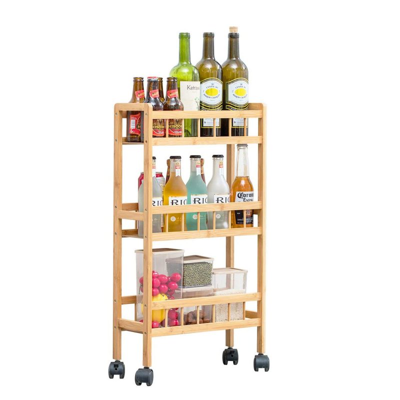 3-Tier Slim Bamboo Removable Wood Utility Cart for Narrow Space