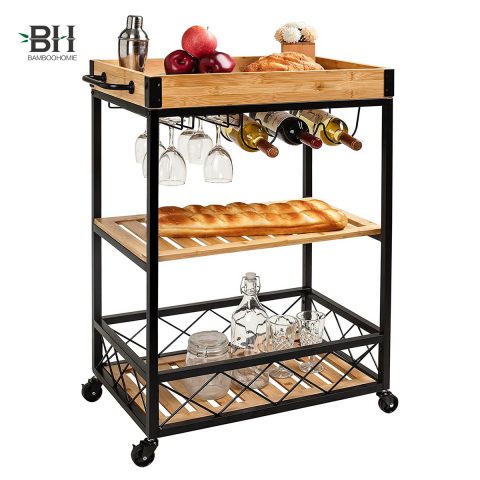 Bamboo Party Cart Drink Trolley with Metal Frame