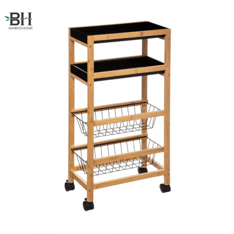 4 Tier Bamboo Bar Cart with Wire Basket, Adjustable Storage Serving Trays